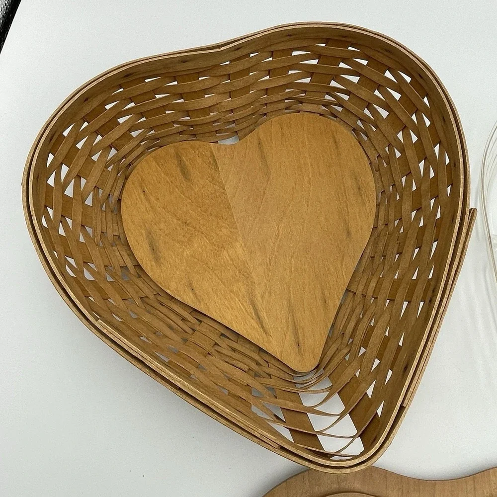 Vintage 2004 Longaberger Heart Basket Set With Lid & Protector Woodcrafts USA